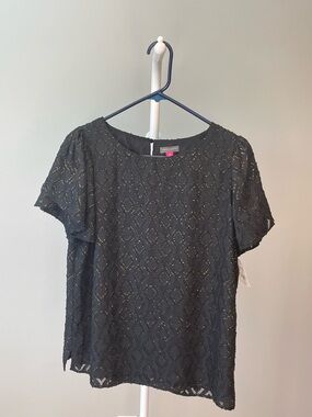 Vince Camuto Black Short Sleeve Lace Top with Gold Threading
